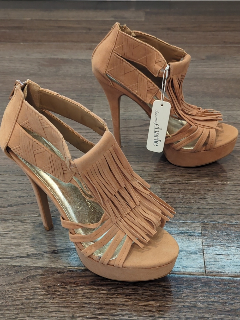 Charming Charlie Tan Fringe Platform Stiletto Heels